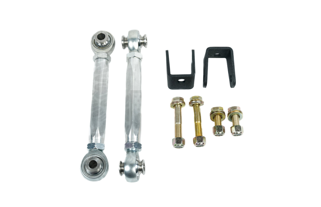A set of metal sway bar end links with mounting hardware, intended for use with Ford F-250/350 vehicles.