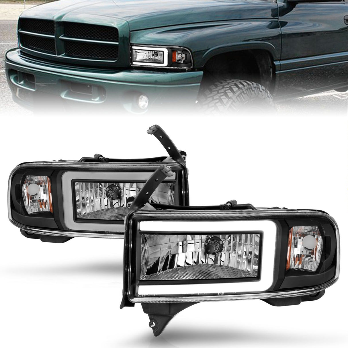 Anzo Crystal Headlight with Light Bar Black Housing for 94-02 Dodge Ram – (ANZ111554)