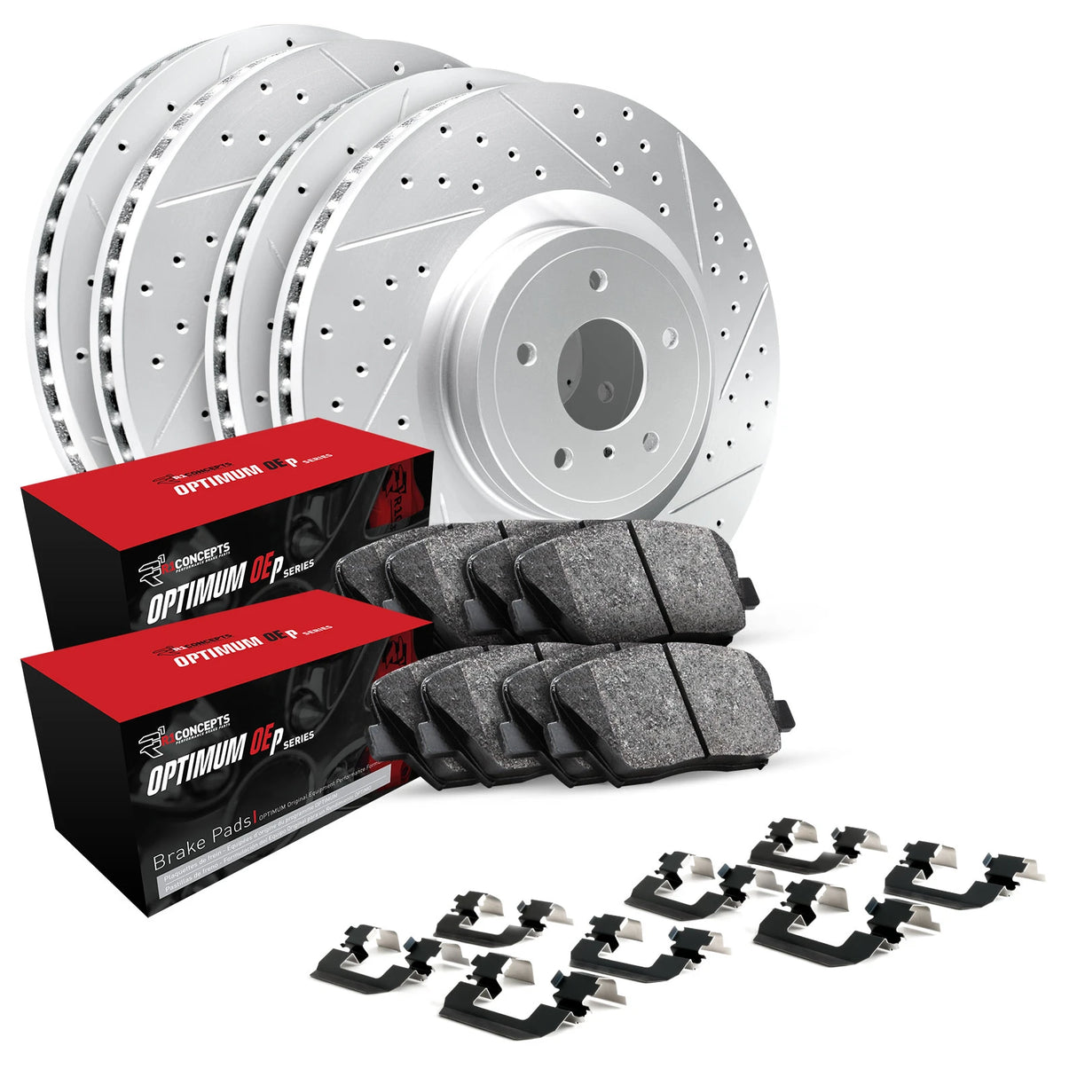 R1 17-20 Ford FusIon Front & Rear Drill/Slot Carbon Coated Rotor Set w/Optimum Pads