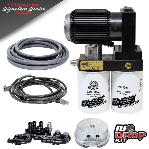 FASS No-Drop Series Plus diesel fuel system kit with motor heat sink, fuel sump bowl, black hose, wiring harness and ORB fittings