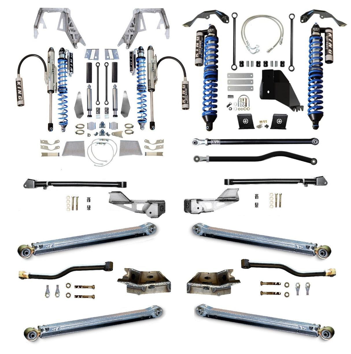 EVO MFG 2020-2024 Jeep Gladiator JT (GAS) KING Front Double Throw Down 2.5 inch KING Coilover Bypass Rear LONG ARM PRO PLUS