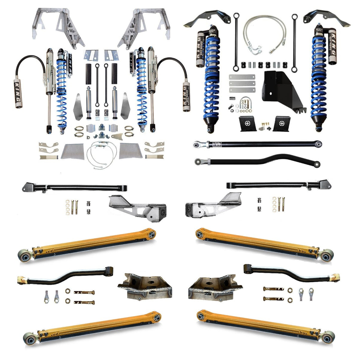 EVO MFG 2020-2024 Jeep Gladiator JT (GAS) KING Front Double Throw Down 2.5 inch KING Coilover Bypass Rear LONG ARM PRO PLUS