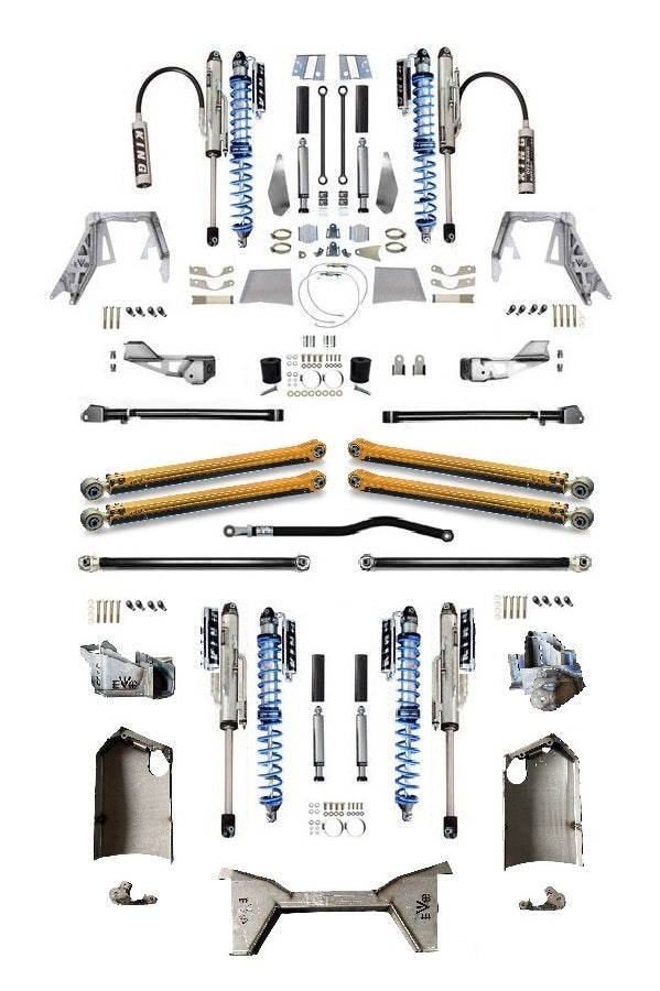 EVO MFG 2018-2024 Jeep Wrangler JL KING Front 2.5 Inch Double Throwdown Rear 2.5 3.0 Inch Coil over Bypass Triangulated Long Arm PRO PLUS, BLACK, 2.0 or 3.6L or 392