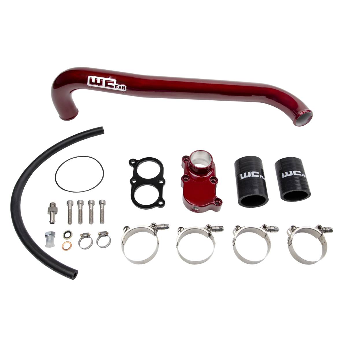 Wehrli top outlet billet thermostat housing and upper coolant pipe kit for 2001-2005 LB7/LLY Duramax in WCFab Red