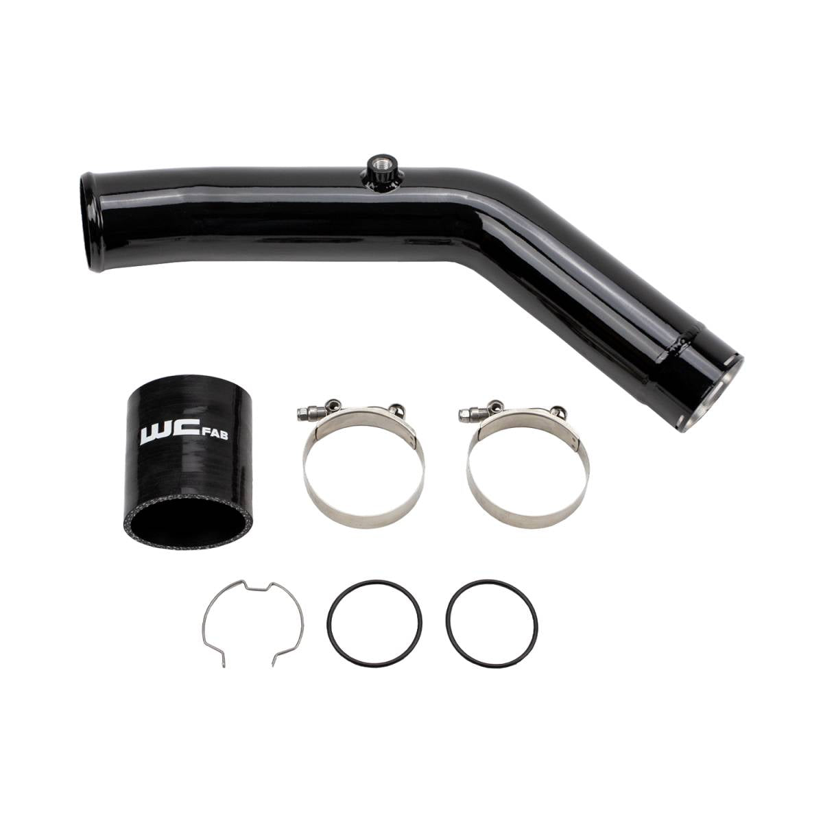 Wehrli 3 inch Power Stroke hot side intercooler pipe in Gloss Black showing the CNC machined double O-ring flange