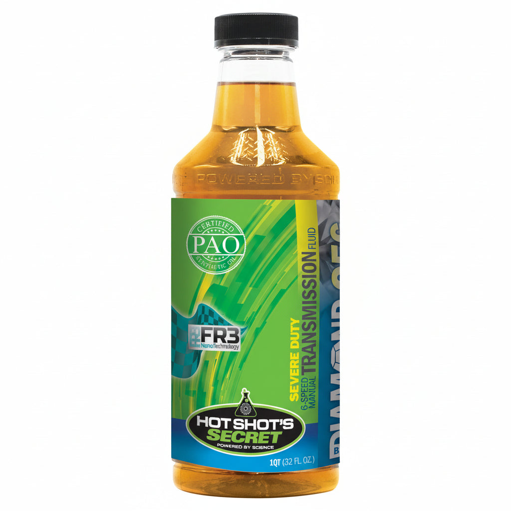 Bottle of Hot Shot's Secret PAO transmission oil with green label