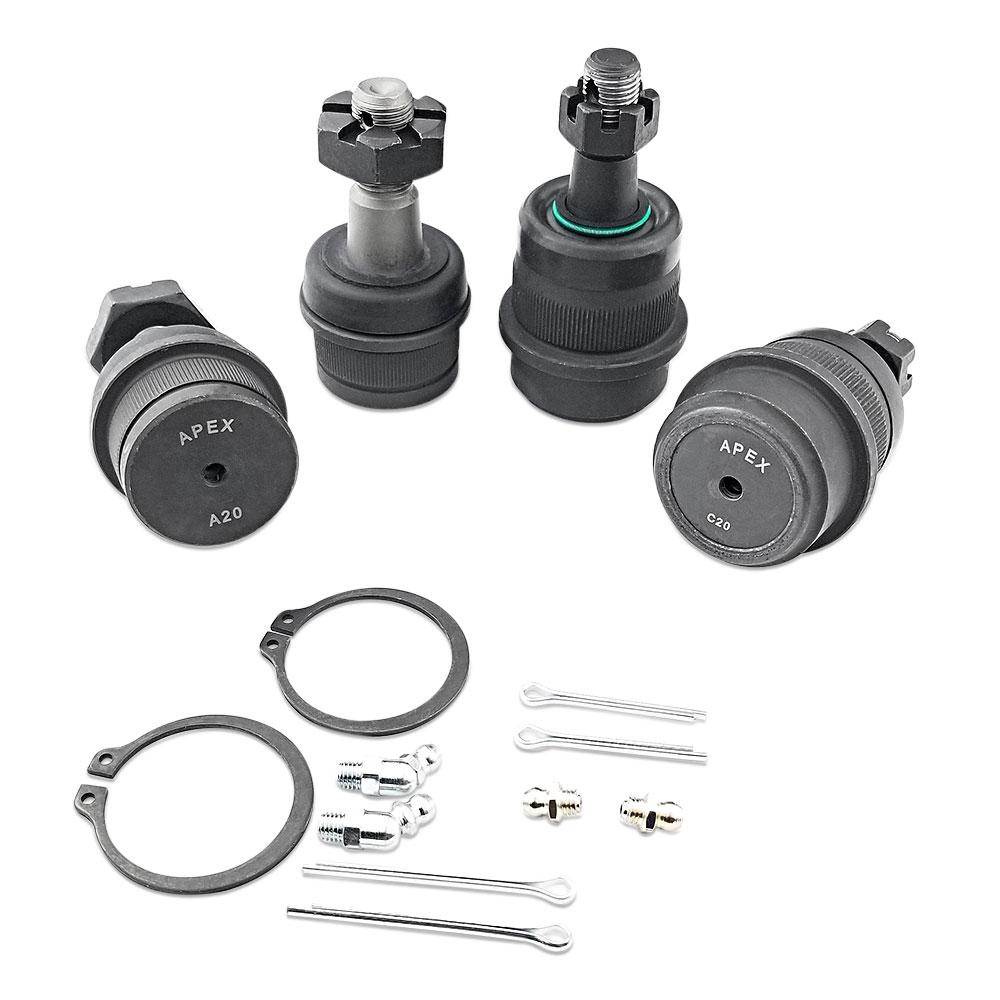 Apex Chassis Heavy Duty Ball Joint Kit Fits: 90-01 Jeep Cherokee 90-92 Jeep Comanche 93-98 Jeep Grand Cherokee 97-06 Jeep Wrangler TJ 87-95 Jeep Wrangler YJ Includes: 2 Upper & 2 Lower