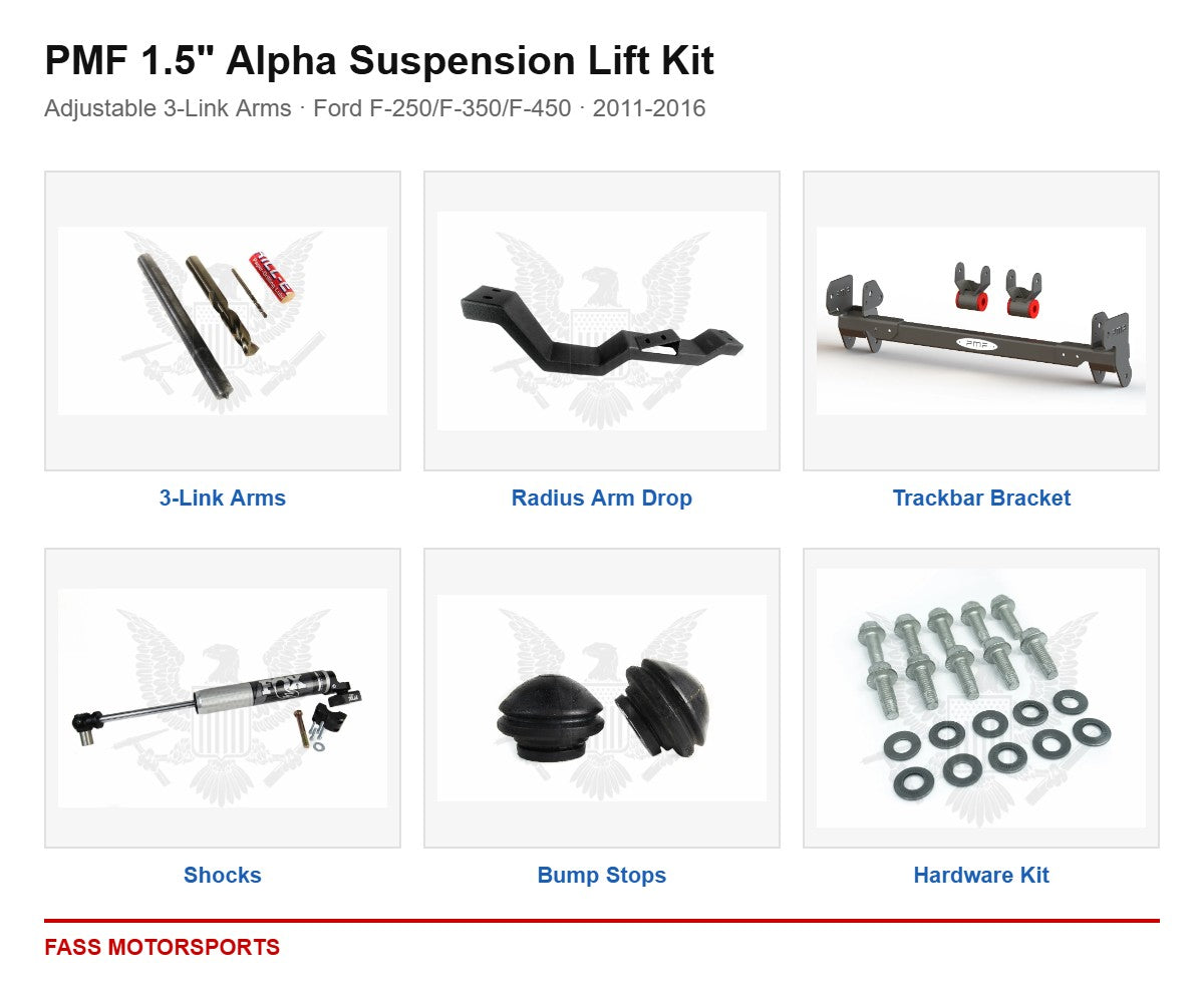 PMF 1.5 inch Alpha Suspension Lift Kit - Adjustable 3-Link Arms | Ford F-250/F-350/F-450 | 2011-2016 - kit components