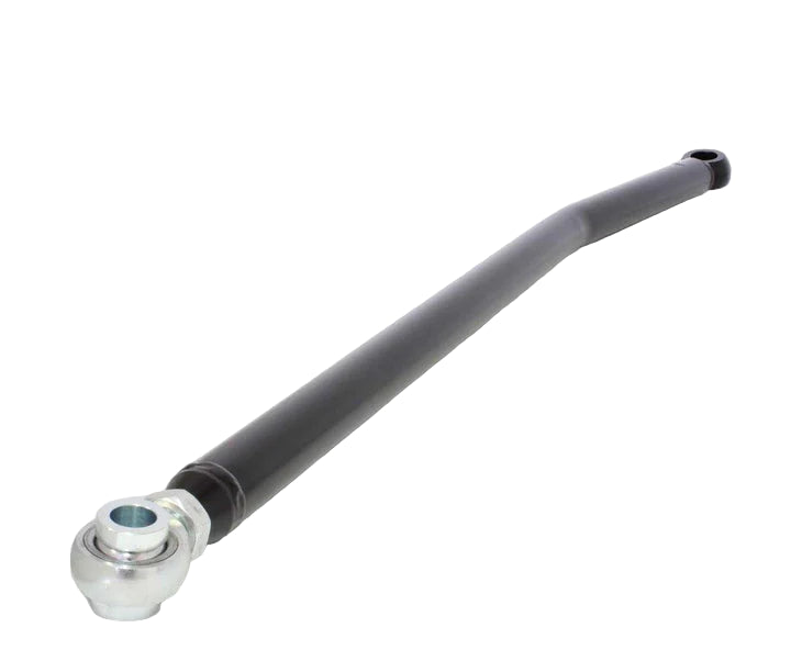 An adjustable track bar for Ford F250/F350 trucks, featuring a machined tapered rod end and custom misalignment spacers, constructed from heavy wall chromoly tube.