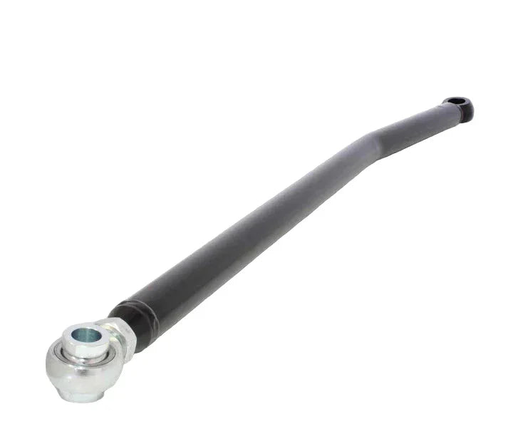 An adjustable track bar for Ford F250/F350 trucks, featuring a machined tapered rod end and custom misalignment spacers, constructed from heavy wall chromoly tube.