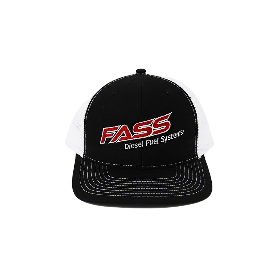 A black trucker style hat with a mesh back, featuring the logo 'FASS Diesel Fuel Systems' in white and red on the front.