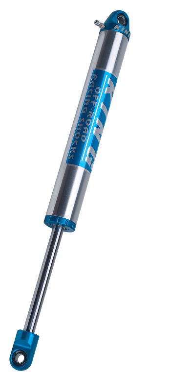 A King Shocks Steering Stabilizer with blue body and silver accents, designed for vehicle suspension systems.