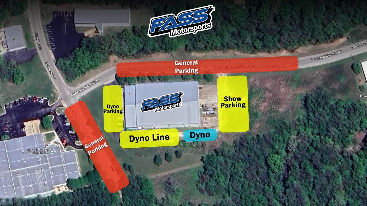 Aerial view parking map with labeled zones for general, show, dyno, and event parking.