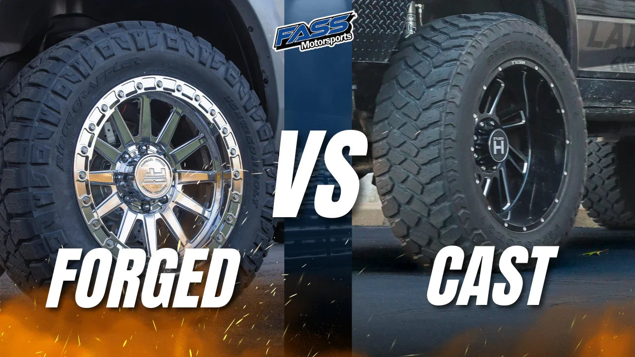 Forged wheel vs cast wheel comparison on trucks, off-road tires, metallic spokes and black rims