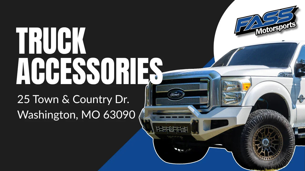Lifted white Ford pickup truck with off-road accessories, truck accessories text, Washington MO location details