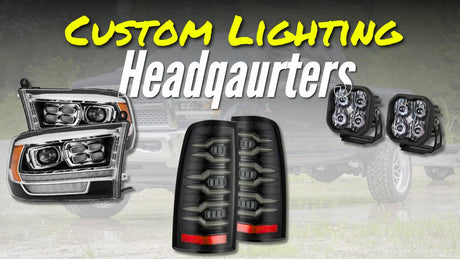 Custom truck lighting products including headlights, tail lights, and off-road LED pods