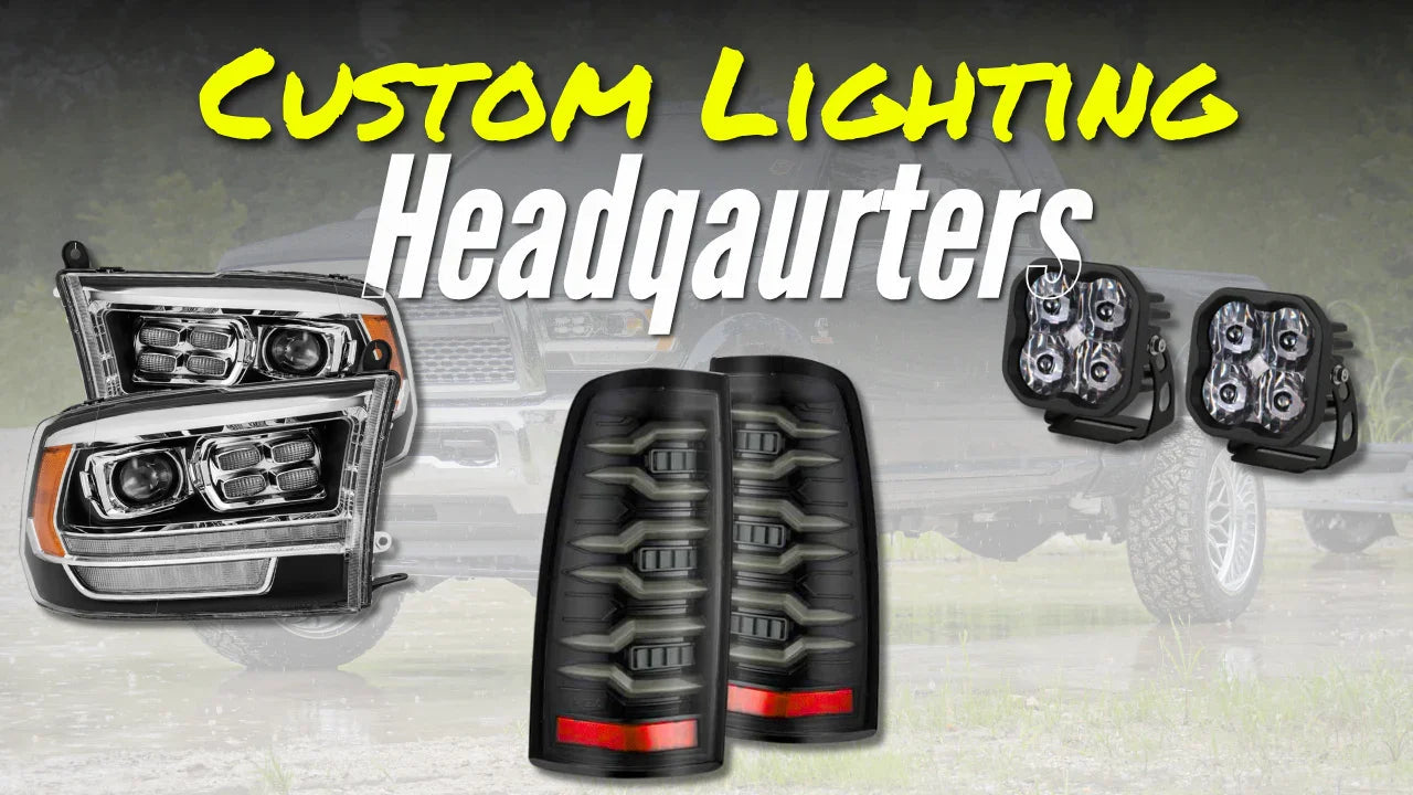 Custom truck lighting products including headlights, tail lights, and off-road LED pods