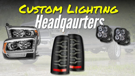 Custom truck lighting products including headlights, tail lights, and off-road LED pods
