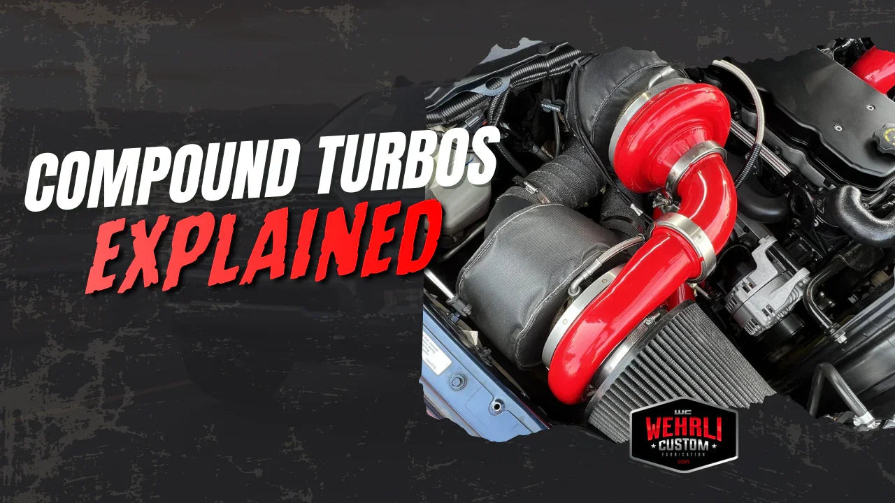 Close-up of compound turbo system with red pipes in a truck engine bay, text reads Compound Turbos Explained.