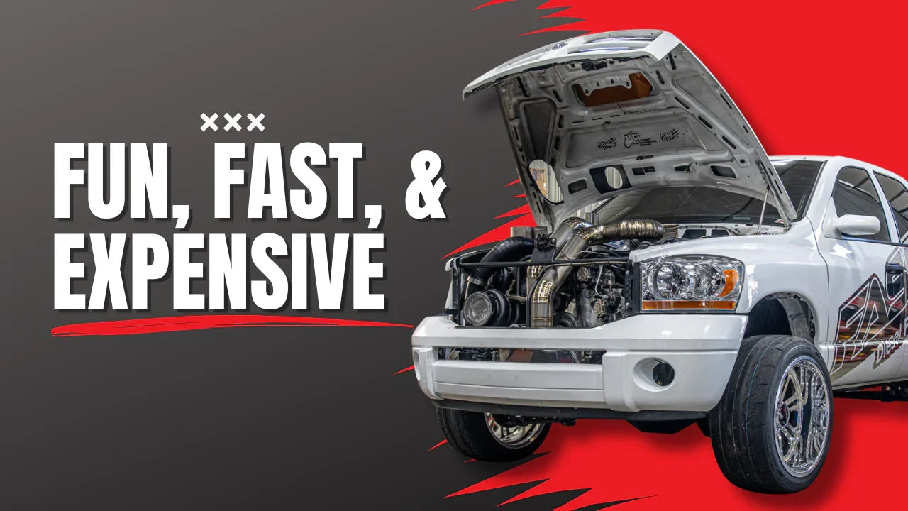 Modified white diesel truck with open hood showcasing performance engine, next to 'Fun, Fast, & Expensive' text.