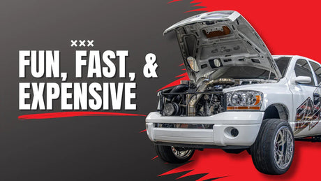 Modified white diesel truck with open hood showcasing performance engine, next to 'Fun, Fast, & Expensive' text.