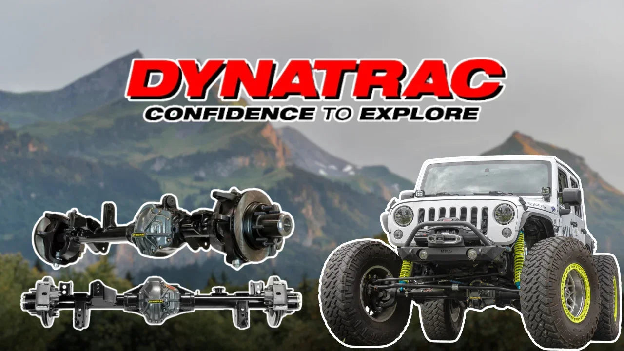 Off-road Jeep with Dynatrac axles and suspension parts in a mountain setting