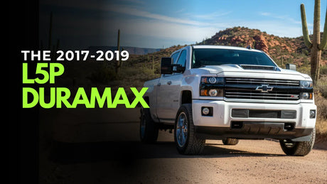 2017-2019 Chevrolet L5P Duramax truck on desert road with mountains and cacti
