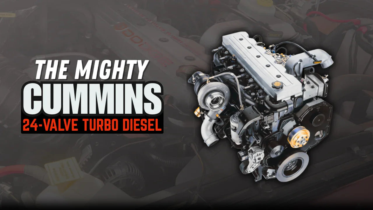 24-valve Cummins turbo diesel engine with performance parts on dark background