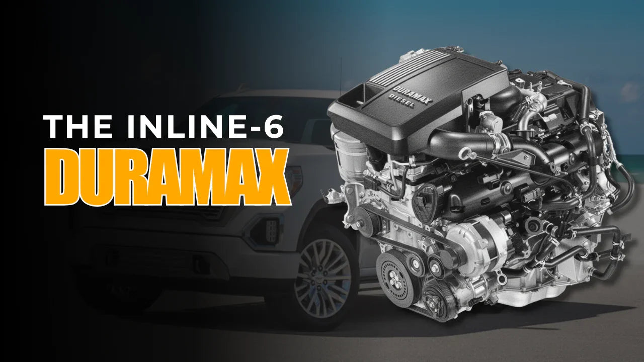 3.0L Duramax inline-6 diesel engine with visible truck in background, performance focus