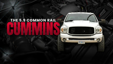 White truck with 5.9 Common Rail Cummins engine, text overlay, diesel performance parts background