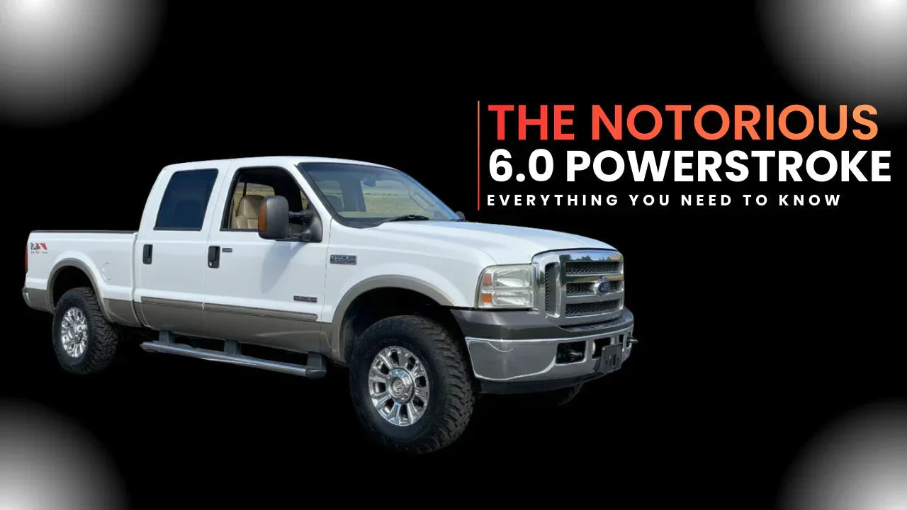 White Ford truck with 6.0 Powerstroke diesel engine on black background, performance focus