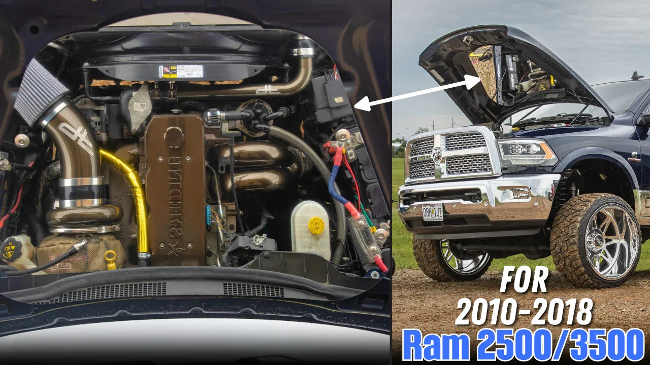 Bolt-in hood mirror kit installed on 2010-2018 Ram 2500 3500 pickup truck engine bay and hood