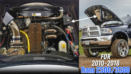 Bolt-in hood mirror kit installed on 2010-2018 Ram 2500 3500 pickup truck engine bay and hood