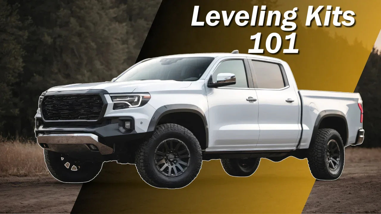Lifted white pickup truck outdoors with large tires, text reads 'Leveling Kits 101'