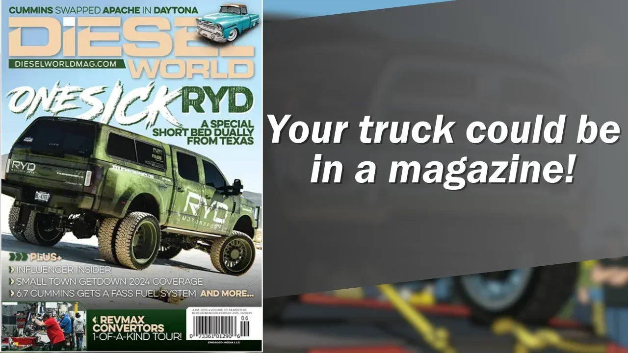 Diesel World magazine cover featuring lifted off-road truck with green RYD Motorsports wrap.