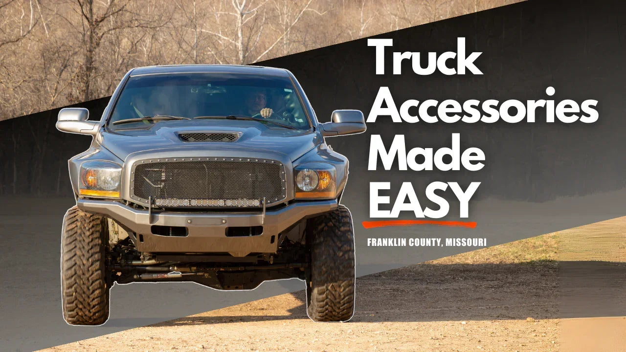 Lifted off-road truck on dirt road with text 'Truck Accessories Made Easy, Franklin County, Missouri'.
