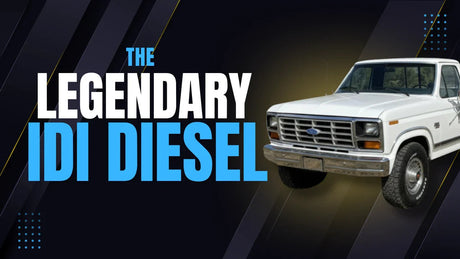 White classic Ford IDI diesel truck on dark background with 'The Legendary IDI Diesel' text