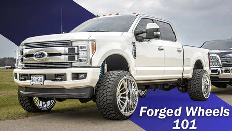 Lifted white pickup truck with large chrome forged wheels parked outdoors