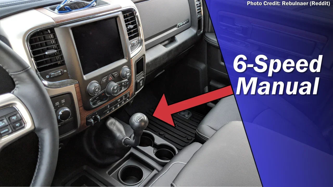 Truck interior with 6-speed manual transmission gear shift, dashboard, and cup holders