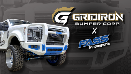 Custom white off-road truck with Gridiron front bumper, logos for Gridiron Bumper Corp and FASS Motorsports.