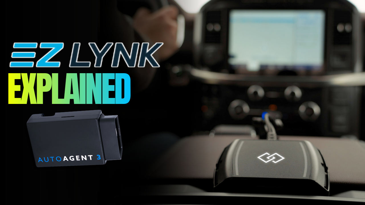 EZ Lynk AutoAgent 3 device in a truck interior, with dashboard screen and cable connected