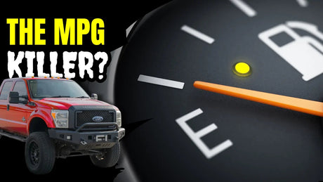 Lifted red truck next to a low fuel gauge with text 'The MPG Killer?' for fuel economy impact