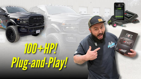 Man holding Edge EZ power module box next to 2025 Ram truck, 100+ HP plug-and-play upgrade