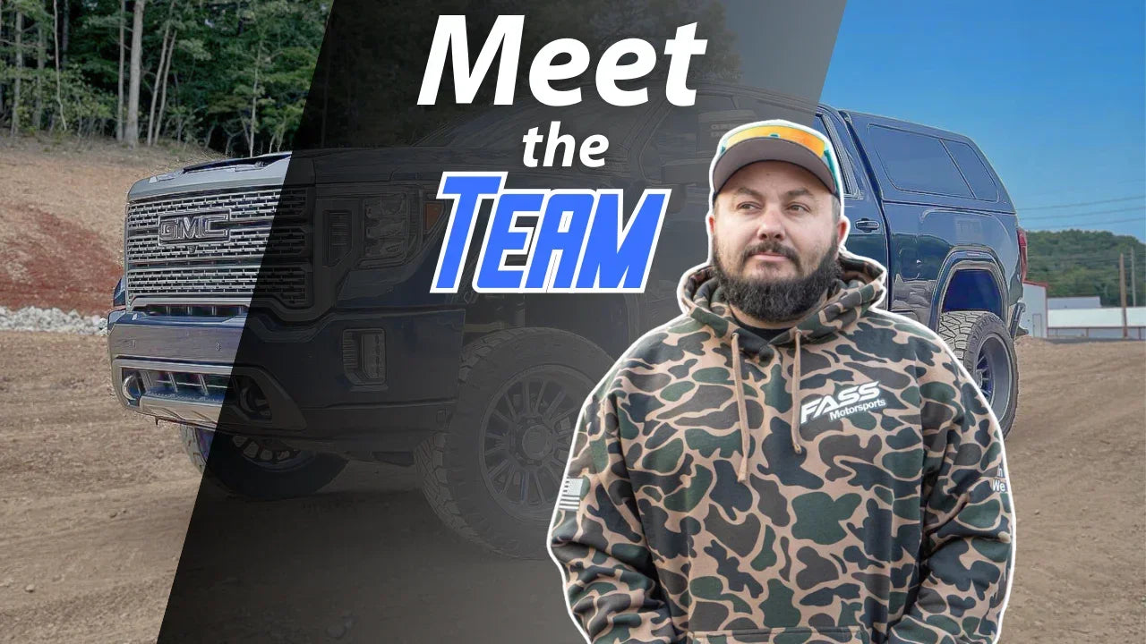 Man in camo hoodie labeled FASS Motorsports standing by GMC truck with 'Meet the Team' text.