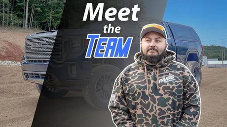 Man in camo hoodie labeled FASS Motorsports standing by GMC truck with 'Meet the Team' text.