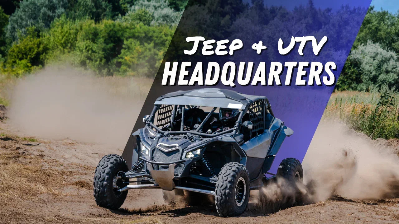 Off-road UTV driving on dirt trail with bold Jeep and UTV headquarters text overlay