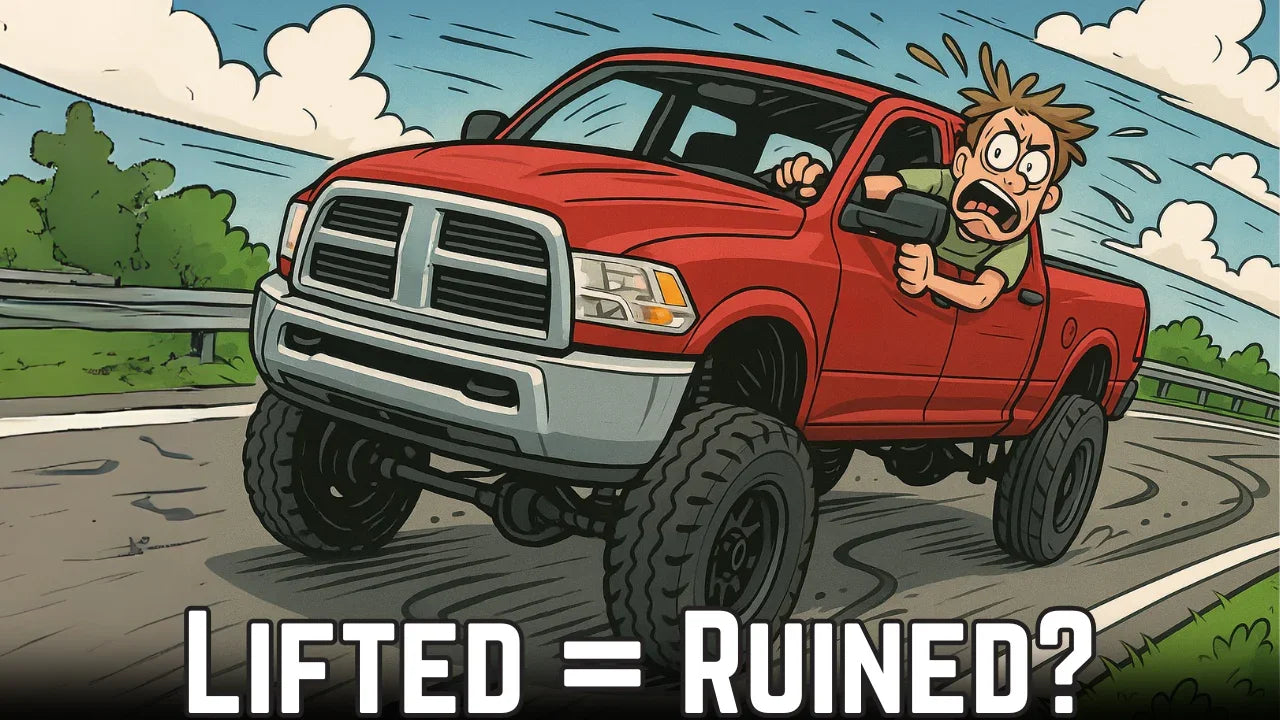Cartoon of lifted red truck on road with surprised driver, lift kit debate text below.