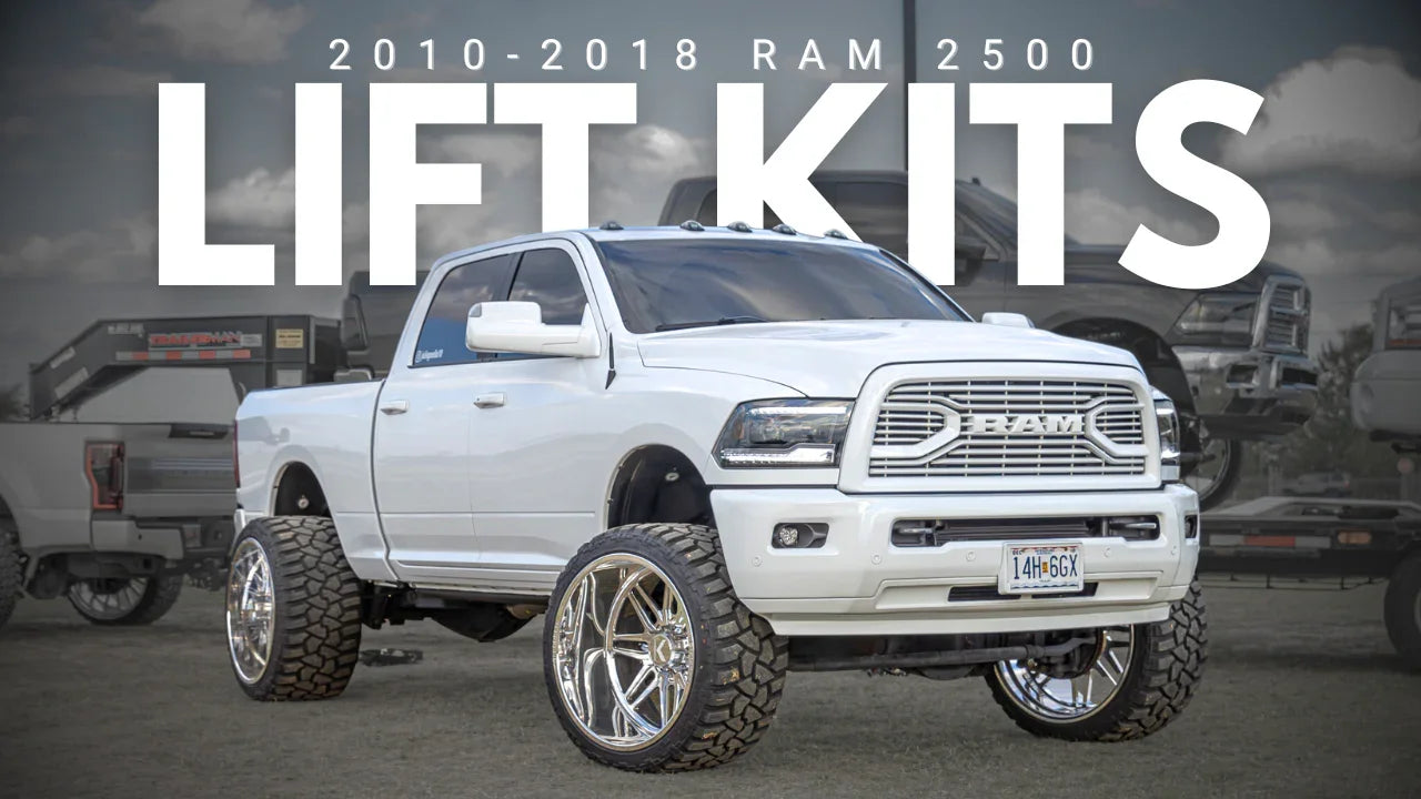 White lifted 2010-2018 Ram 2500 truck with large off-road tires and lift kit upgrade