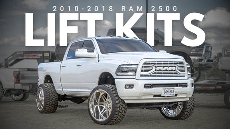 White lifted 2010-2018 Ram 2500 truck with large off-road tires and lift kit upgrade