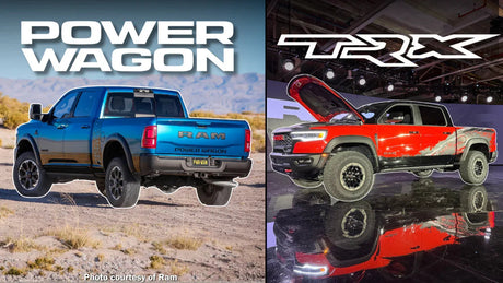 Blue Ram Power Wagon off-road truck outdoors and red Ram TRX pickup at indoor auto event